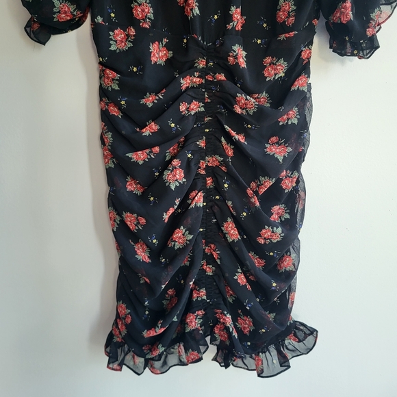 Zara Black Floral Plunge Neck Ruched Dress Size XL NWT - Picture 14 of 14